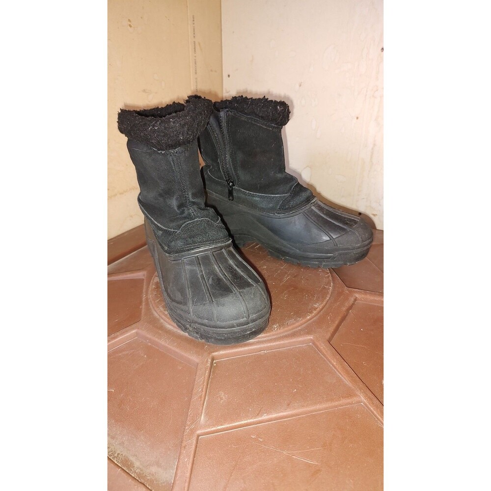 Womens sz 7 Black Faux Fur Lined Winter Duck Boots Side Zip Snow Rain leather